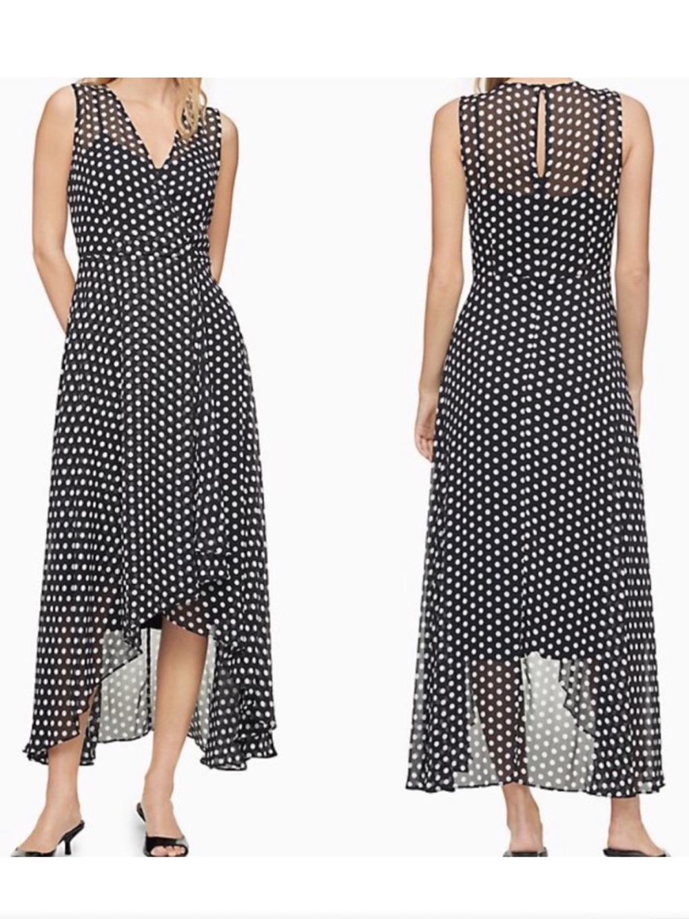 Calvin Klein Black and White Polka Dot High-Low Maxi Skirt